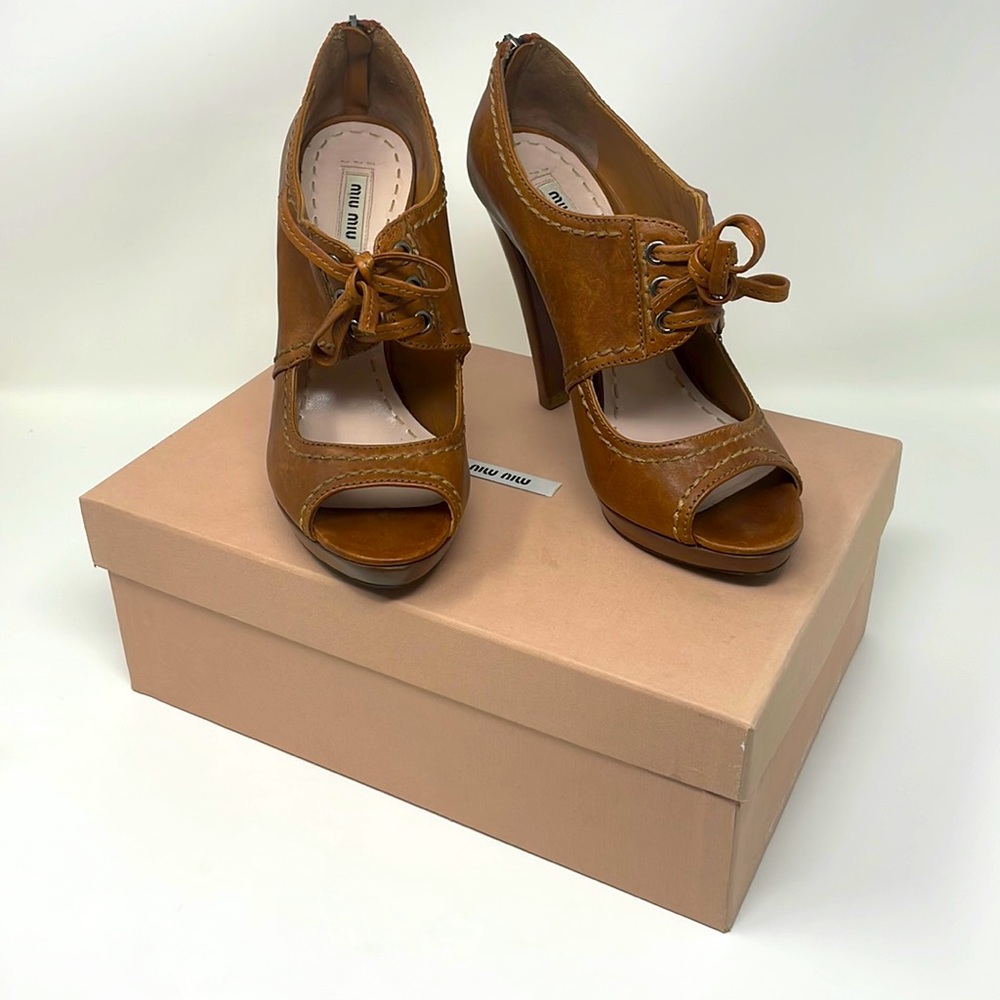 Miu Miu Cognac Brown Peep-Toe Lace-Up High Heels